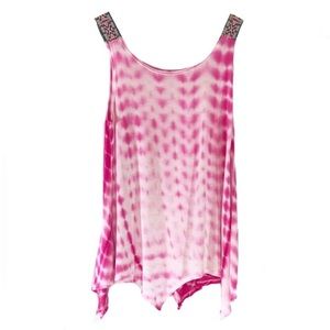 Tie Dye Tank Top Embroidered Straps Hippie Beach Surf Vibes Neon Hot Pink